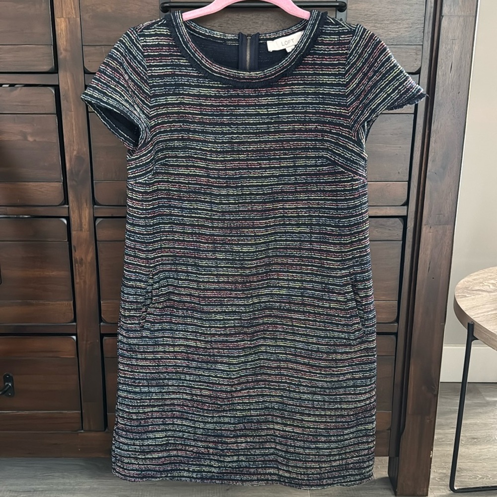LOFT Navy and multicolor tweed dress with pockets
